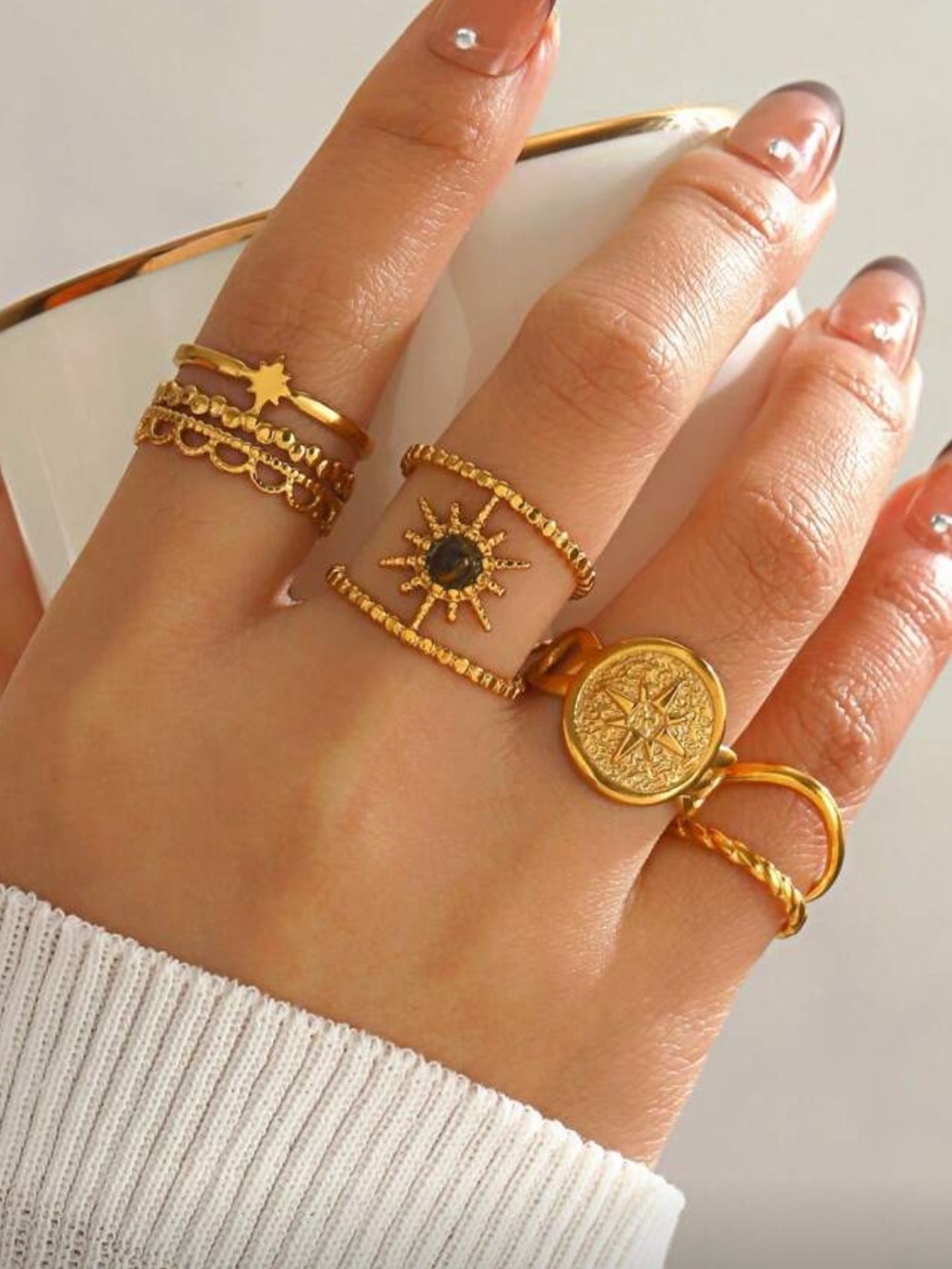 Anthropologie Gold Celestial & Coin Stacking Ring Set